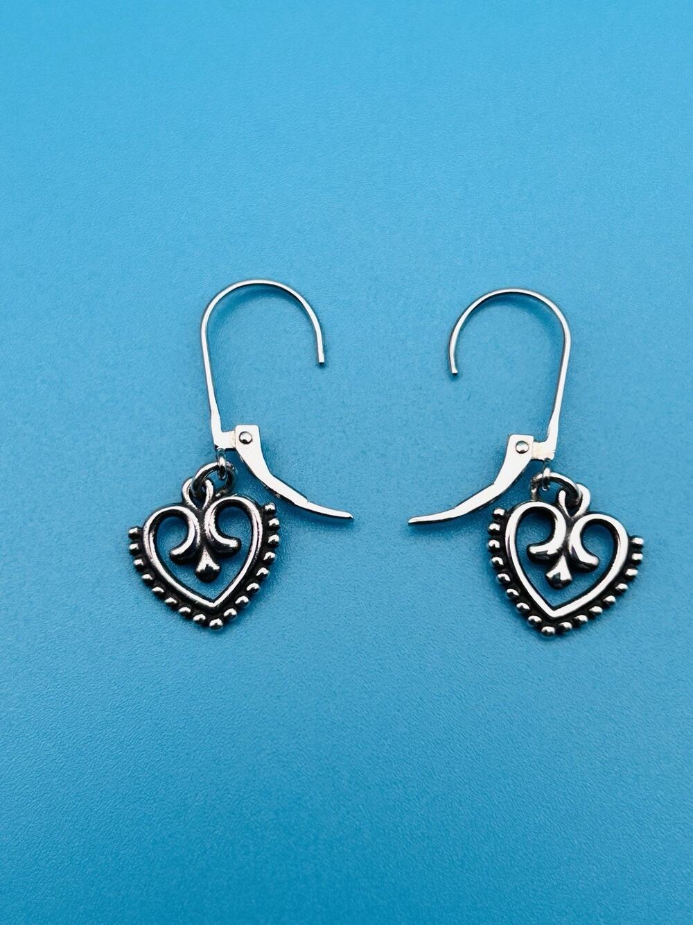 James Avery Retired Sterling Silver Fleur de Lis Beaded Heart Drop Earrings - 1"